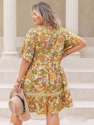 Plus Size Printed Tie Neck Short Sleeve Mini Dress - Just Believe Boutique