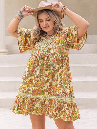 Plus Size Printed Tie Neck Short Sleeve Mini Dress - Just Believe Boutique