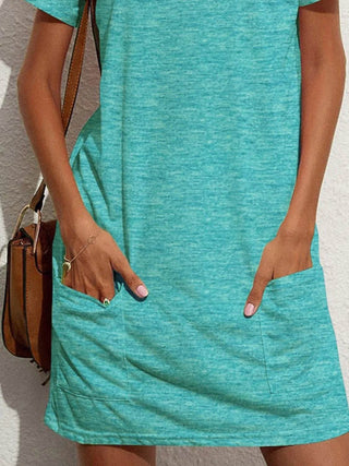 Pocketed Round Neck Short Sleeve Mini Tee Dress - Just Believe Boutique