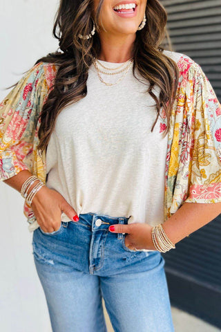 Printed Round Neck Flutter Sleeve Blouse - Just Believe Boutique