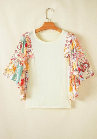 Printed Round Neck Flutter Sleeve Blouse - Just Believe Boutique