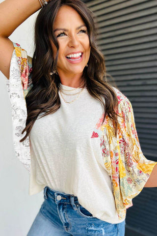 Printed Round Neck Flutter Sleeve Blouse - Just Believe Boutique