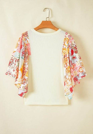 Printed Round Neck Flutter Sleeve Blouse - Just Believe Boutique