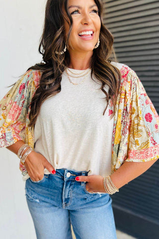 Printed Round Neck Flutter Sleeve Blouse - Just Believe Boutique