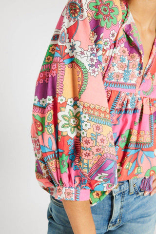 Printed Tie Neck Three-Quarter Sleeve Blouse - Just Believe Boutique