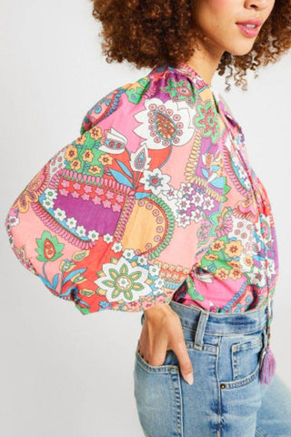 Printed Tie Neck Three-Quarter Sleeve Blouse - Just Believe Boutique