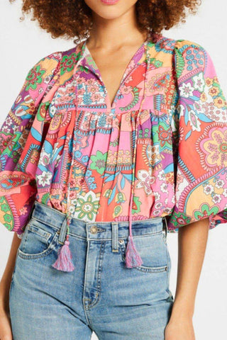 Printed Tie Neck Three-Quarter Sleeve Blouse - Just Believe Boutique