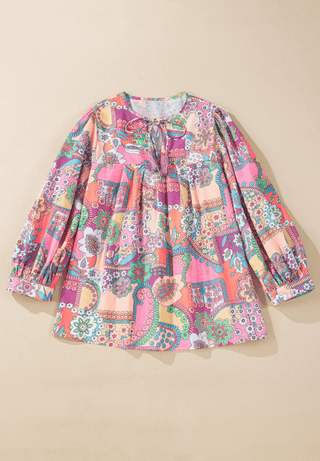 Printed Tie Neck Three-Quarter Sleeve Blouse - Just Believe Boutique