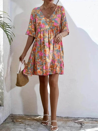 Printed V-Neck Tiered Dress - Just Believe Boutique