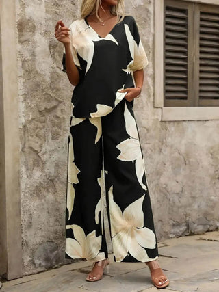 Printed V-Neck Top and Pants Set - Just Believe Boutique