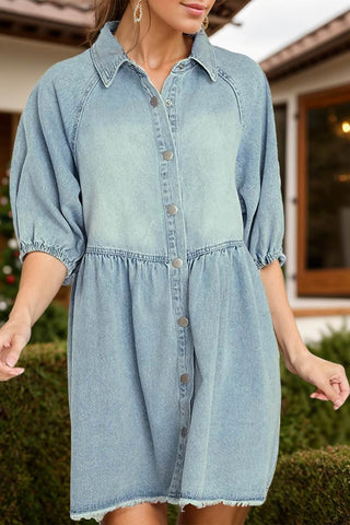 Raw Hem Snap Down Half Sleeve Denim Dress - Just Believe Boutique