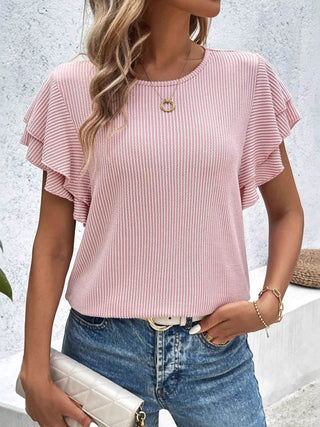 Ribbed Flutter Sleeve T-Shirt - Just Believe Boutique