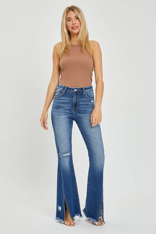 RISEN Full Size High Rise Front Slit Frayed Hem Flare Jeans - Just Believe Boutique