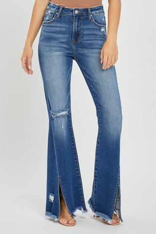 RISEN Full Size High Rise Front Slit Frayed Hem Flare Jeans - Just Believe Boutique