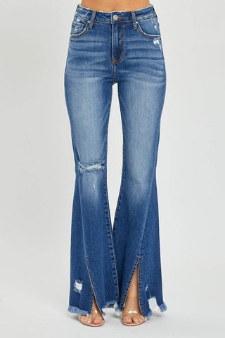 RISEN Full Size High Rise Front Slit Frayed Hem Flare Jeans - Just Believe Boutique