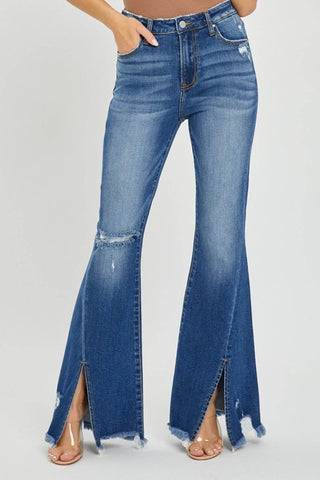 RISEN Full Size High Rise Front Slit Frayed Hem Flare Jeans - Just Believe Boutique