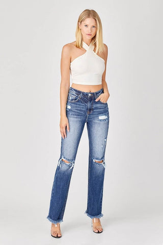 Risen Full Size Raw Hem Distressed Straight Jeans - Just Believe Boutique