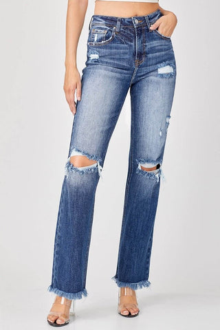 Risen Full Size Raw Hem Distressed Straight Jeans - Just Believe Boutique