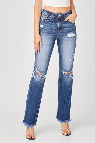 Risen Full Size Raw Hem Distressed Straight Jeans - Just Believe Boutique