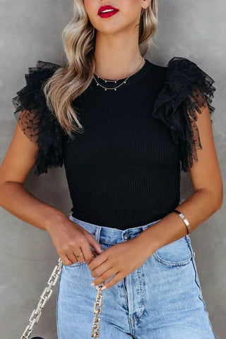 Ruffled Round Neck Cap Sleeve Blouse - Just Believe Boutique