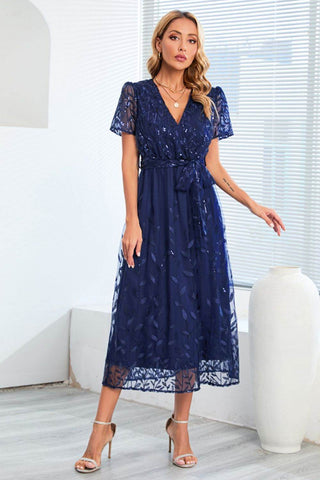 Sequin Leaf Embroidery Tie Front Short Sleeve Dress - Just Believe Boutique