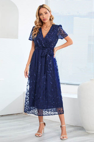 Sequin Leaf Embroidery Tie Front Short Sleeve Dress - Just Believe Boutique