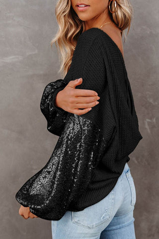 Sequin Waffle-Knit Blouse - Just Believe Boutique