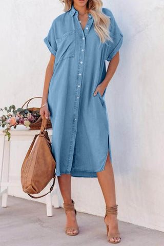 Slit Button Up Short Sleeve Imitation Denim Dress - Just Believe Boutique