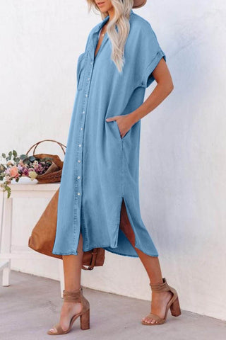 Slit Button Up Short Sleeve Imitation Denim Dress - Just Believe Boutique