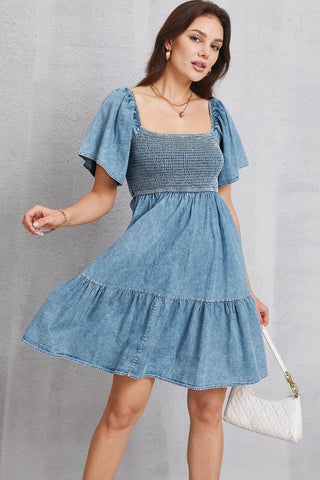 Smocked Square Neck Mini Denim Dress - Just Believe Boutique