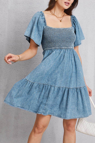 Smocked Square Neck Mini Denim Dress - Just Believe Boutique