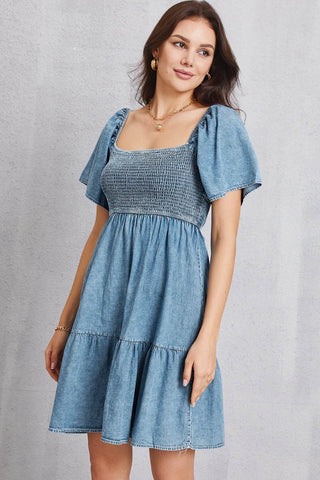 Smocked Square Neck Mini Denim Dress - Just Believe Boutique