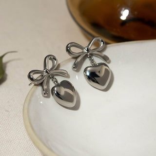 Stainless Steel Bow & Heart Drop Earrings - Just Believe Boutique