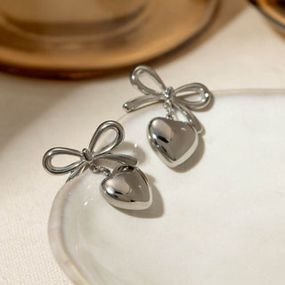 Stainless Steel Bow & Heart Drop Earrings - Just Believe Boutique