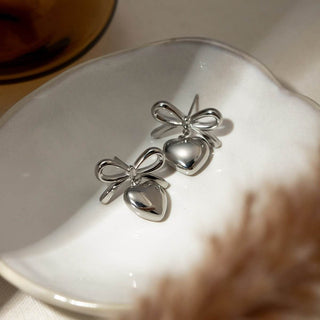 Stainless Steel Bow & Heart Drop Earrings - Just Believe Boutique