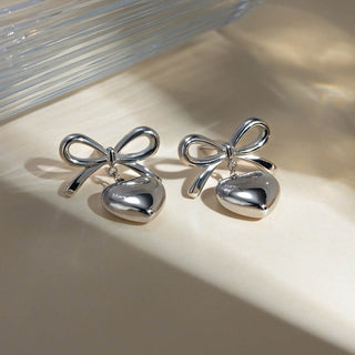 Stainless Steel Bow & Heart Drop Earrings - Just Believe Boutique