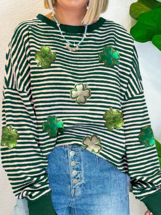 Stripe Lucky Clover Drop Shoulder Sweatshirt - Just Believe Boutique