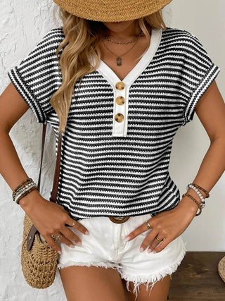 Striped V-Neck Short Sleeve T-Shirt - Just Believe Boutique