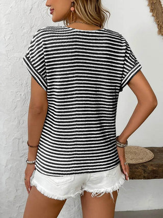 Striped V-Neck Short Sleeve T-Shirt - Just Believe Boutique