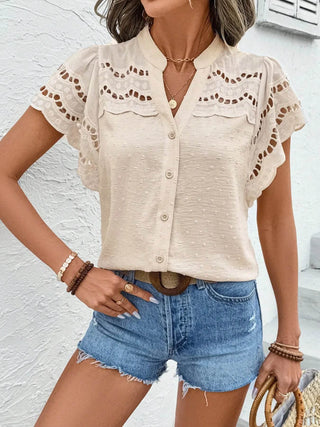 Swiss Dot Cutout Button Down Shirt - Just Believe Boutique