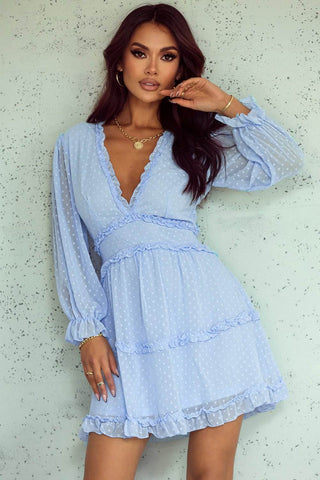 Swiss Dot Frill V-Neck Mini Dress - Just Believe Boutique