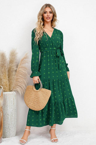Swiss Dot Tied Surplice Flounce Sleeve Dress - Just Believe Boutique