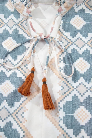 Tassel Tie Neck Balloon Sleeve Blouse - Just Believe Boutique