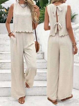 Tie Back Round Neck Top and Pants Set - Just Believe Boutique