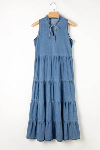 Tie Neck Tiered Maxi Denim Dress - Just Believe Boutique