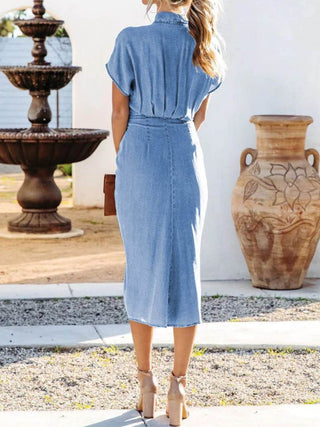 Tied Button Up Short Sleeve Denim Dress - Just Believe Boutique