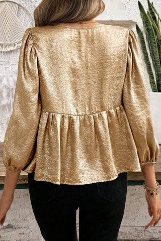 Tied Peplum Three-Quarter Sleeve Blouse - Just Believe Boutique