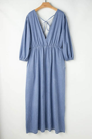 Tied Plunge Three-Quarter Sleeve Denim Dress - Just Believe Boutique