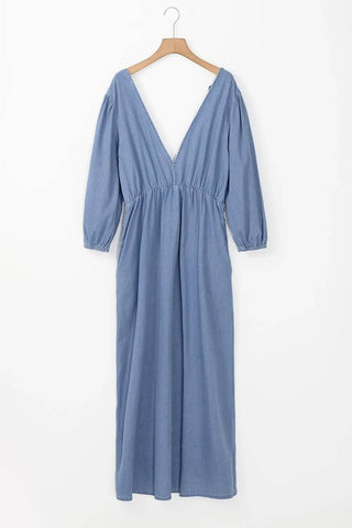 Tied Plunge Three-Quarter Sleeve Denim Dress - Just Believe Boutique