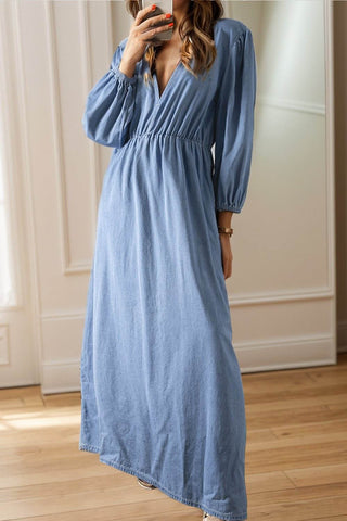 Tied Plunge Three-Quarter Sleeve Denim Dress - Just Believe Boutique